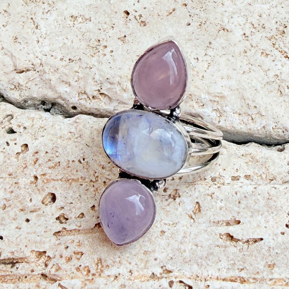 Rainbow Moonstone & Rose Quartz 925 Silver Overlay Ring Size 8